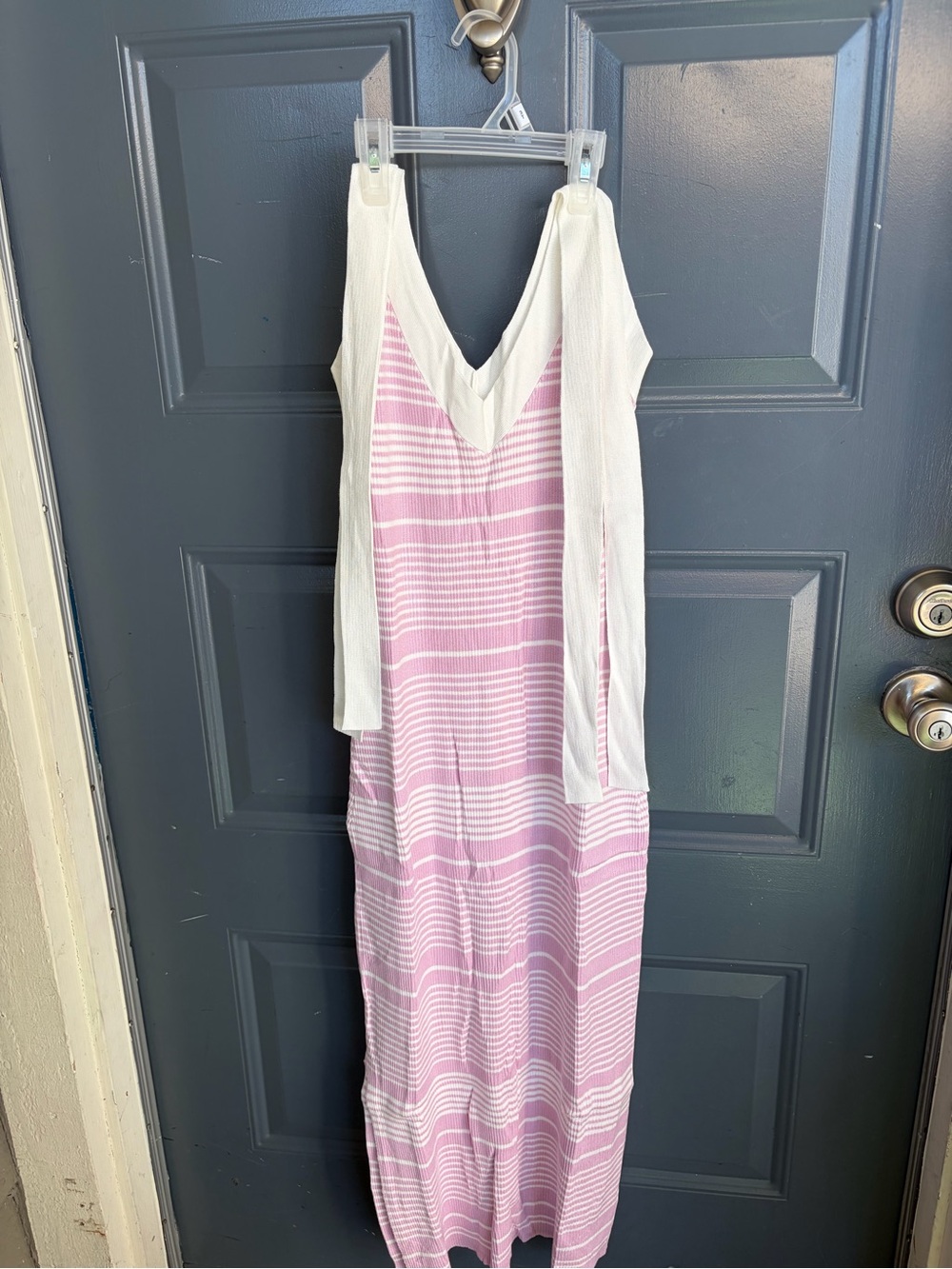 Pink Striped V-Neck Maxi Dress with White Overlay